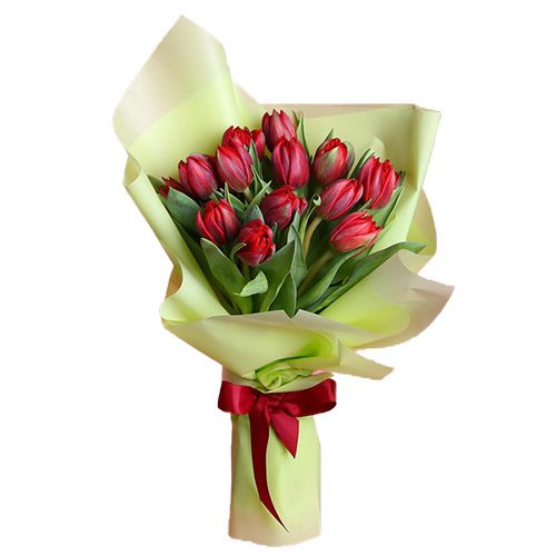 Фото товара 15 красных тюльпанов в зелёной упаковке