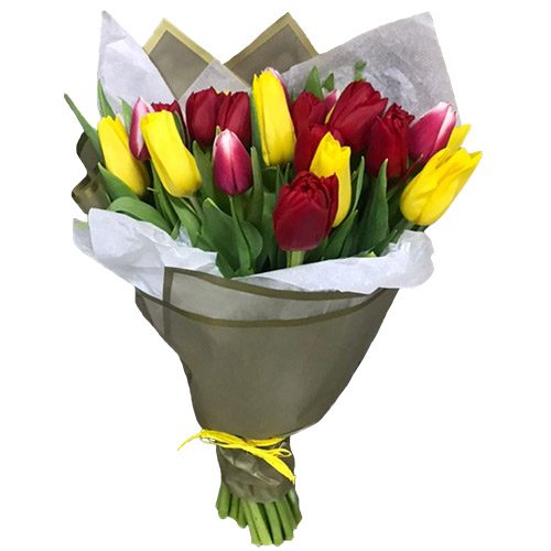 Фото товара 21 красно-жёлтый тюльпан в двойной упаковке в Запорожье