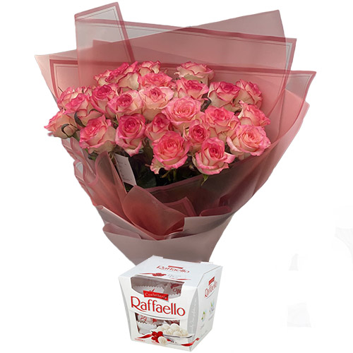 Фото товара 25 рожевих троянд із цукерками в Запорожье
